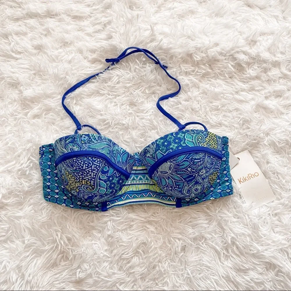 KikiRio Blue Boho Floral Print Joey Demi Bandeau Top; SZ 34C/36B; BNWT